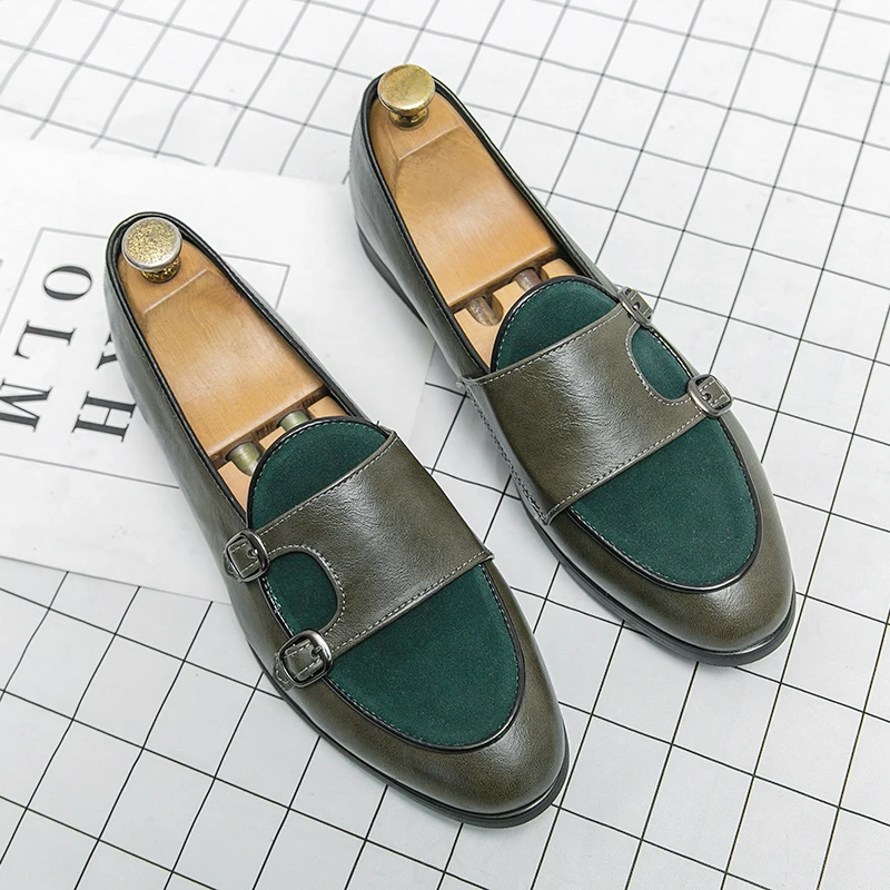 New Shallow Shoe Green Loafers Double Buckle Fashion Brand Men Shoes Italian Classic Slip on Casual Shoes Luxury Designer Shoes