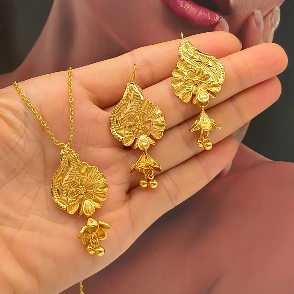 African Gold Color Jewelry Set for Party Elegant Hollow Out Design Drop Earrings and Necklace 2Pcs Set for Engagement Party Gift