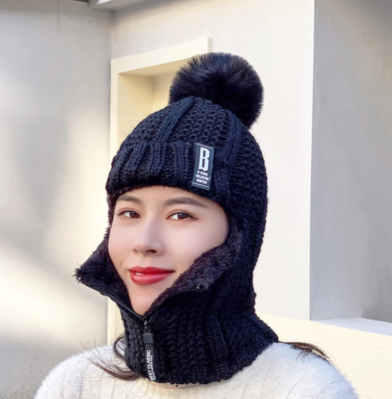 New Winter Knitted Zipper Scarf Hat for Men Women's Outdoor Cycling Thicken Neck Warm Ear Protection Wool Plush Pullover Cap