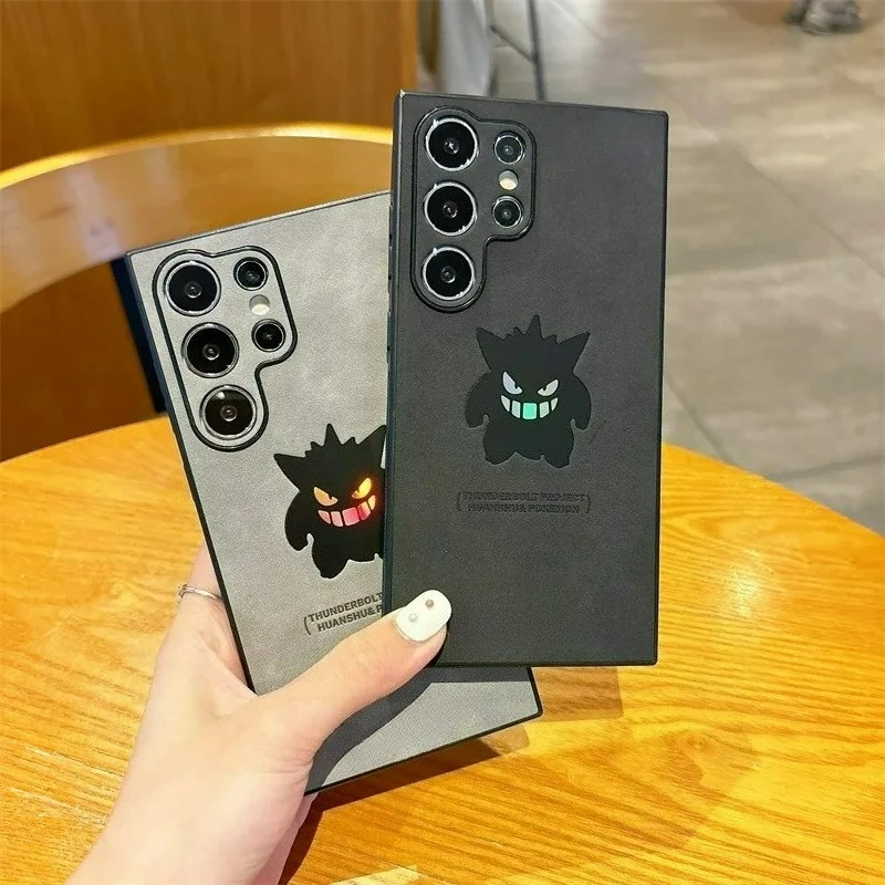 Anime Cartoon Gengar Leder Textur Laser Telefon Fall Für Samsung Galaxy S25 S24 S23 S22 Ultra Plus Stoßfest Schutzhülle