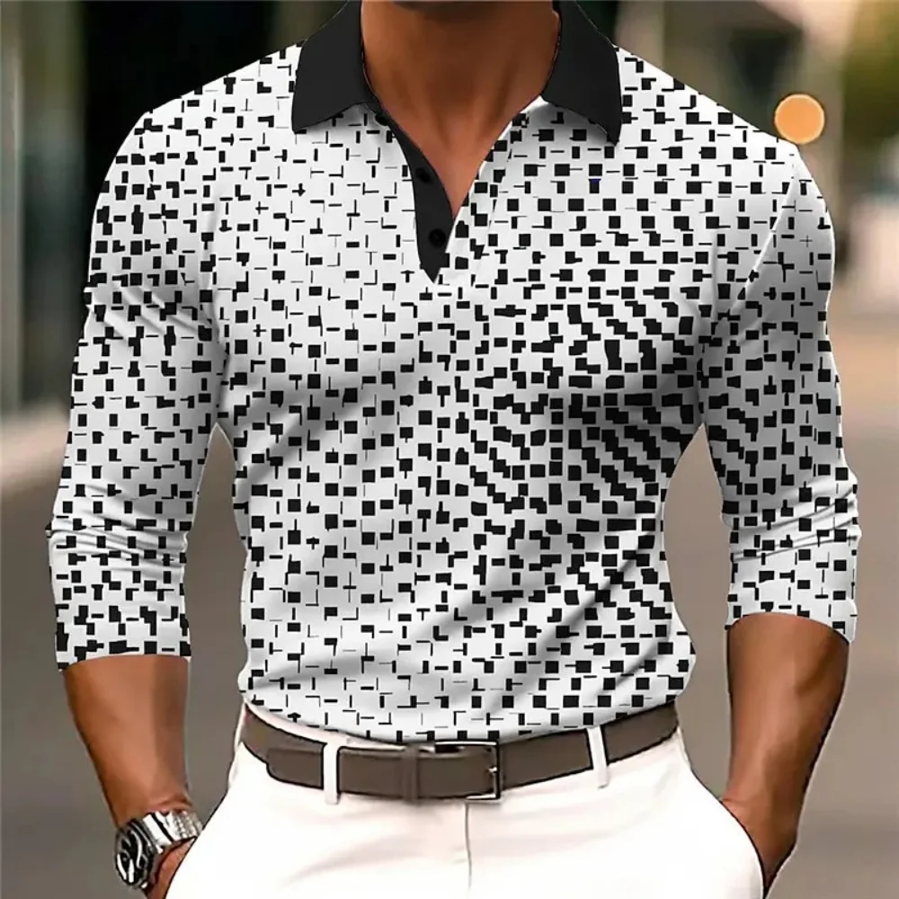 New Men's Geometric Print Golf Shirt Long Sleeve Polo Shirt Lapel Business Casual Formal Button 3D Printing Autumn and Winter