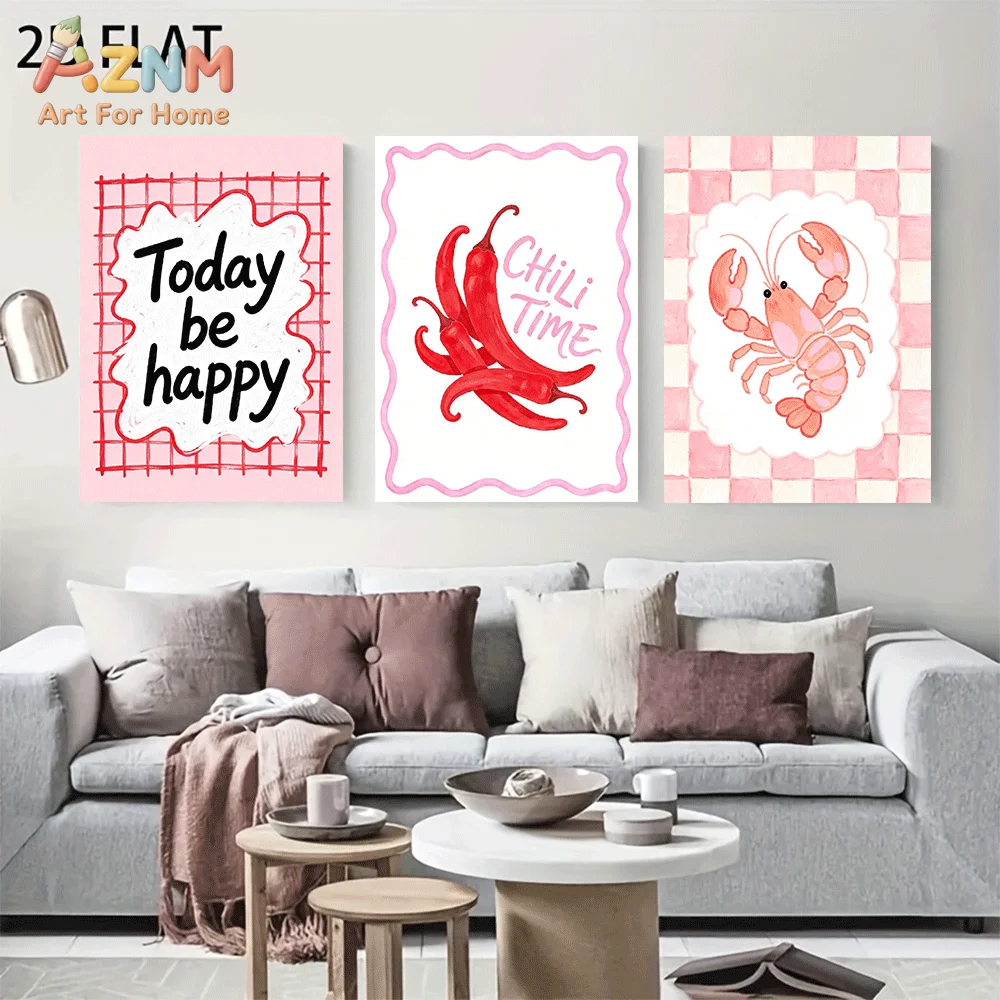 AZNM Frameless Canvas Wall Art, Cute Red Chili Lobster Quote Print, Pink Checkered Hand Drawn Food Art Wall Decor for Living Roo
