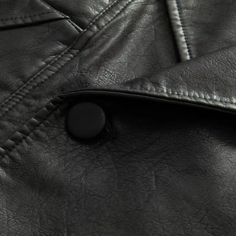 2025 otoño americano Retro mujeres lavado negro PU chaqueta de cuero solapa 3 botones manga completa abrigo de gran tamaño ropa de abrigo corta suelta