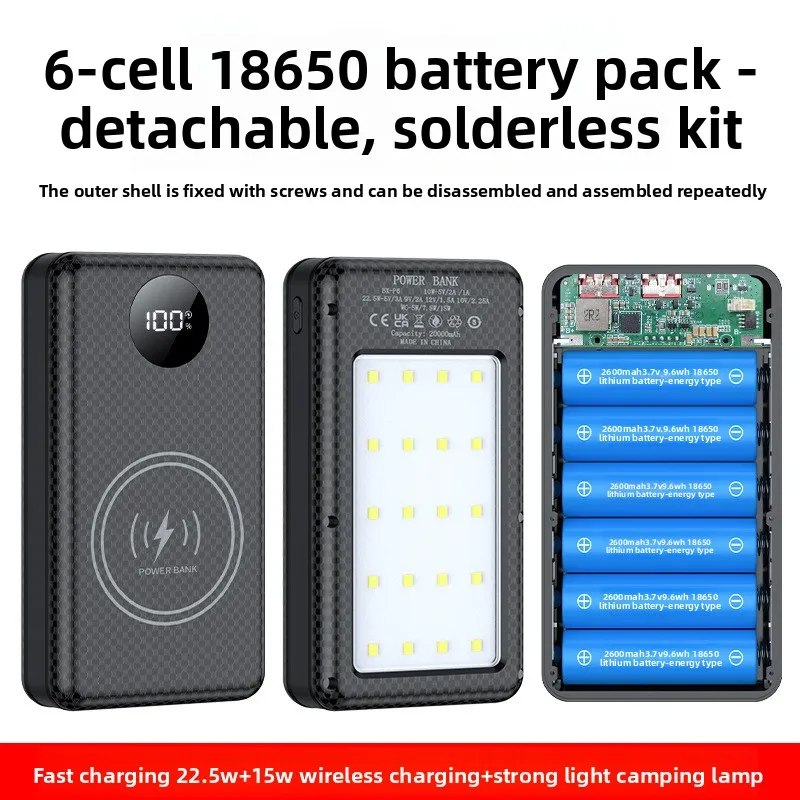 Dual USB Typ-C Ladehülle 6*18650 Powerbank Batteriebox Halter 22,5W Mit Kabelloser Ladestation für iPhone 18650 Batteriegehäuse