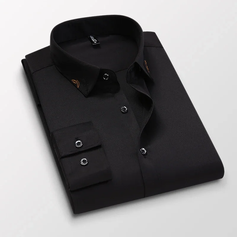 BROWON Spring Autumn Silky Fabric Men Shirt 2026 Long Sleeve Dresss Shirt Men Wedding Party Slim Shirt Turn Down Collar Size 5XL
