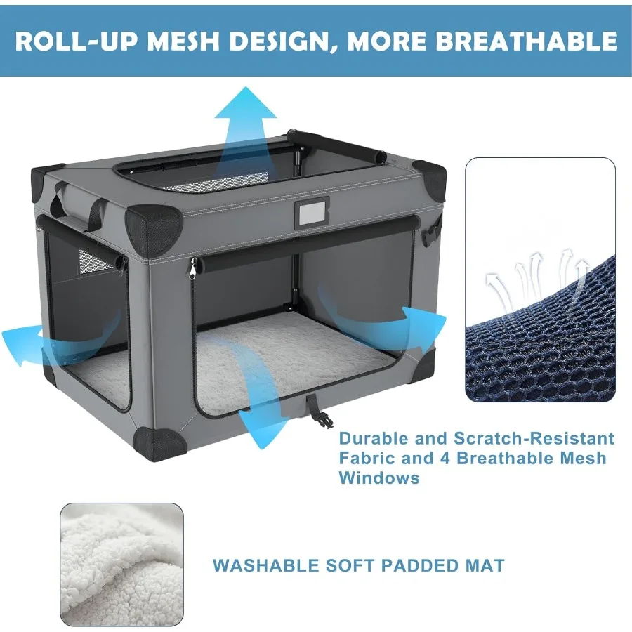 36 Inch Collapsible Dog Crate for Large Dogs with 3Door Design Foldable Soft Kennel Featuring Breathable Mesh Windows Soft Plus