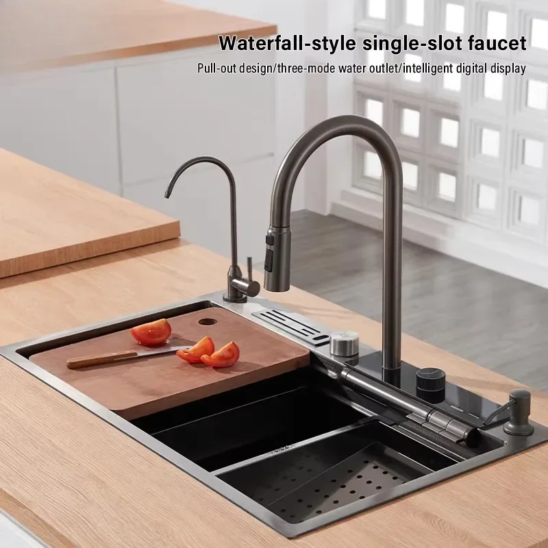 Luxury Rainfall Kitchen Faucet with Pull Down Spray, Modern Waterfall Spout Tap, 360° Rotatable Stainless Steel Kitchen Mixer