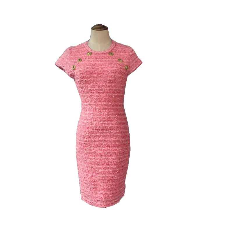 2024 Spring/Summer Temperament Slim Fit Metal Button Short Sleeve Sexy Pink Knitted Dress Women