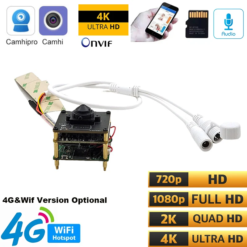 Camhi P2P 8MP IMX415 Sensor IMX335  IMX307 Mini WIFI 4K 3G 4G Camera Network Kamera Module 8MP 5MP 2MP IP Camera CCTV With Mic