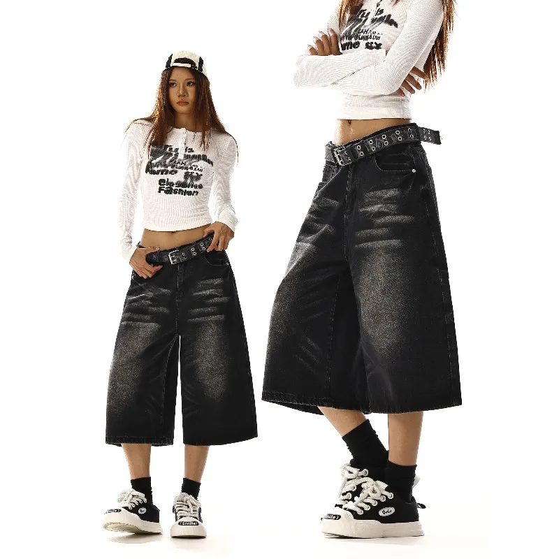

Korean Style Vintage Men's Jeans Summer Loose Male Wide Leg Knee Length Shorts New Washed Fashion Short Denim Pants 9A8825