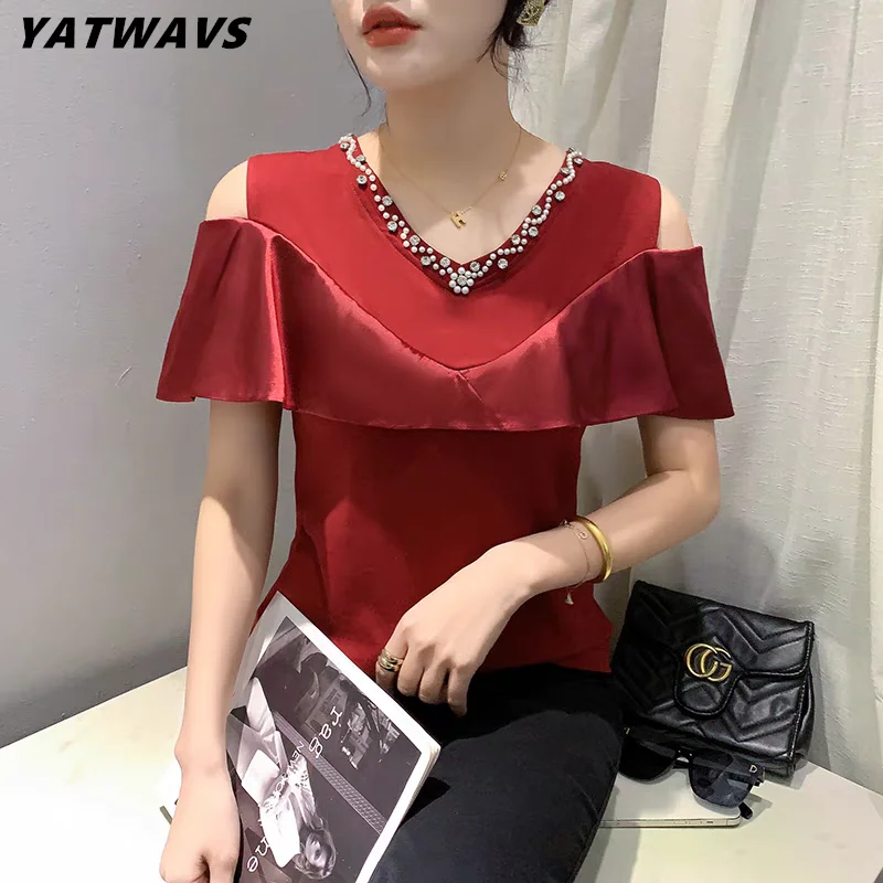 

Chic Summer Clothes Girl T-Shirt Sexy Chic Diamonds V-Neck Women Top Hollow Out Off Shoulder Ruffles Short Sleeve Tees Blouse
