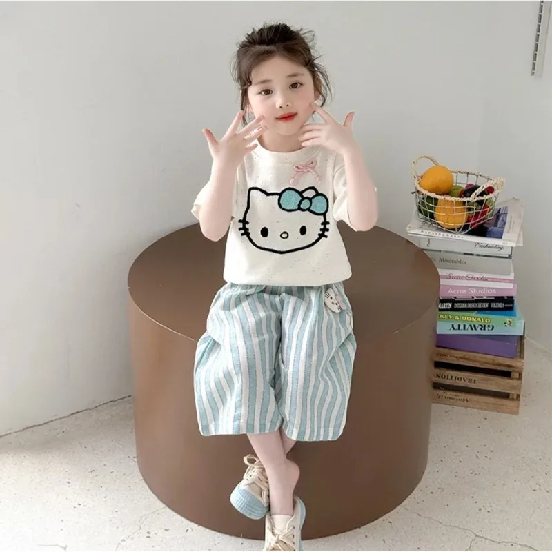 

Summer Hello Kitty Anime Kawaii Ins Fashion Short Sleeve Pants Set Cute Cartoon Fashionable Baby Clothes Gifts for Kids