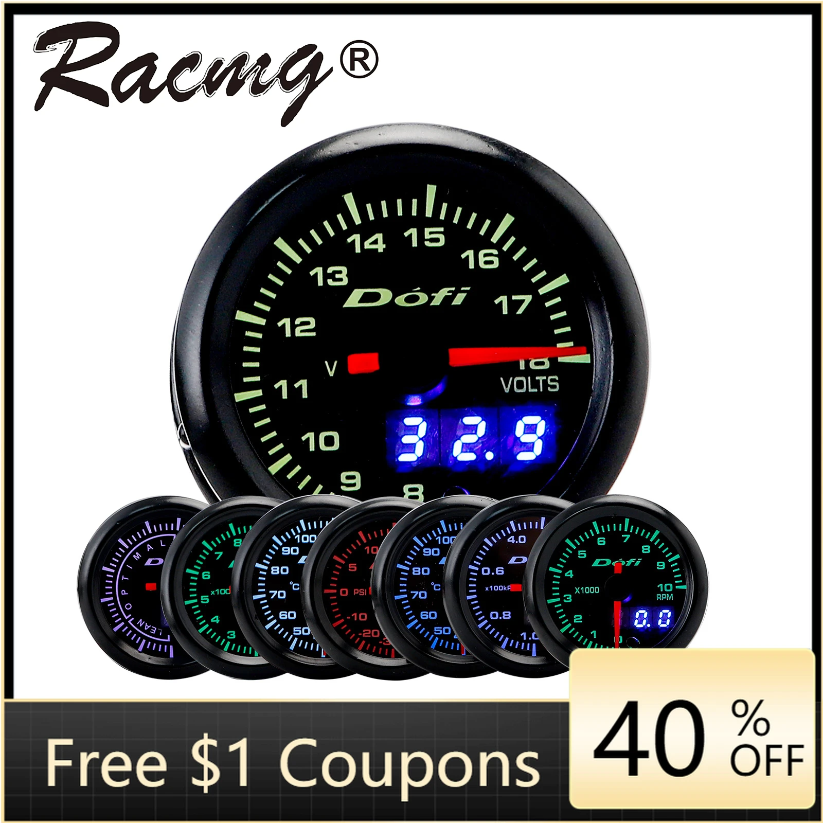 

Dofi 7 Colors 52mm LED Digital Voltmeter Oil Pressure Turbo Boost Oil Temp Water Temp Tachometer Air Fuel Ratio EGT Car Gauge