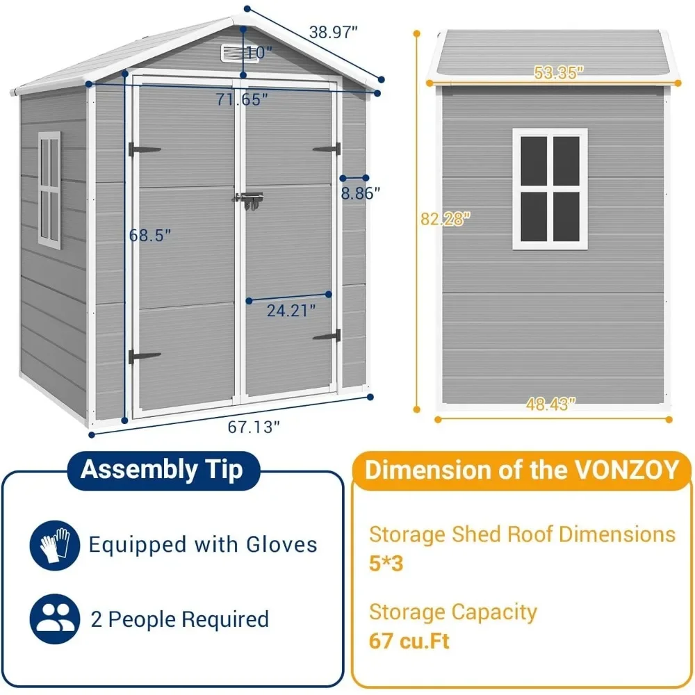 Outdoor Storage Shed, Resin Shed with Floor and Lockable Door, Window & Vents, Tool Sheds, 6x4.5 FT