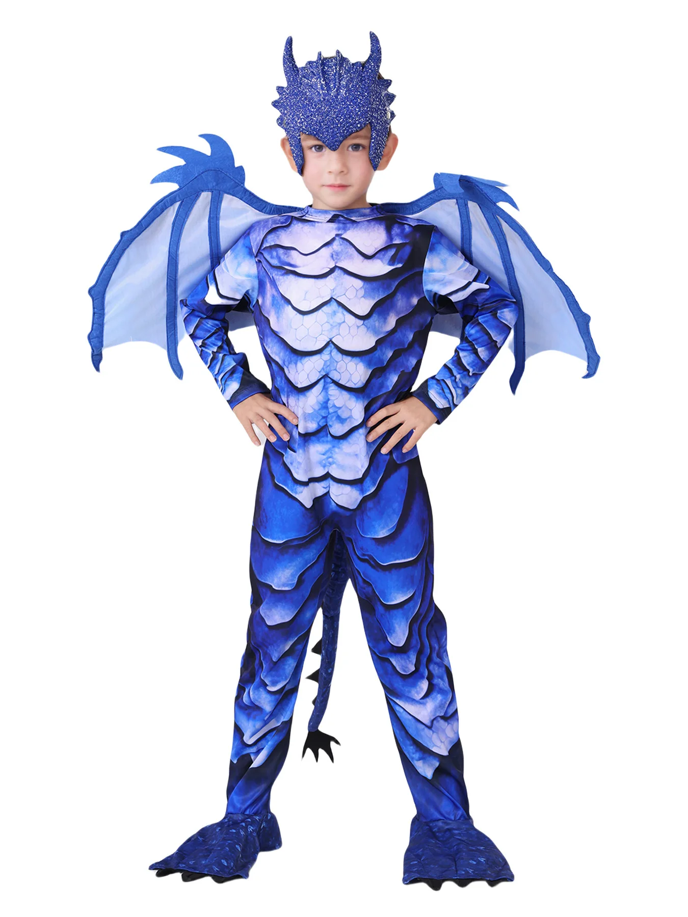 Boys Cool Dinosaur Cosplay Costumes Sets Long Sleeve Blue Jumpsuit with Wings and Mask Halloween Party Cosplay Suit for Kids