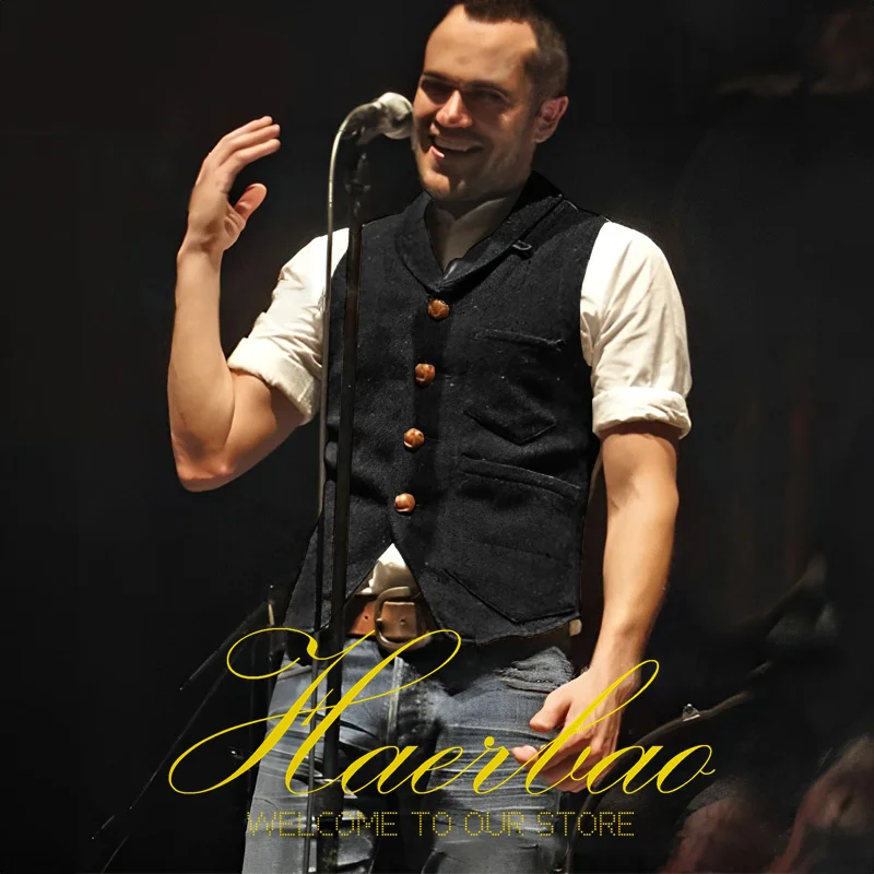 Khaki Men's Vest Herringbone Vintage Sleeveless Jacket Steampunk Single Breasted Waistcoat Slim Fit Groom Vests