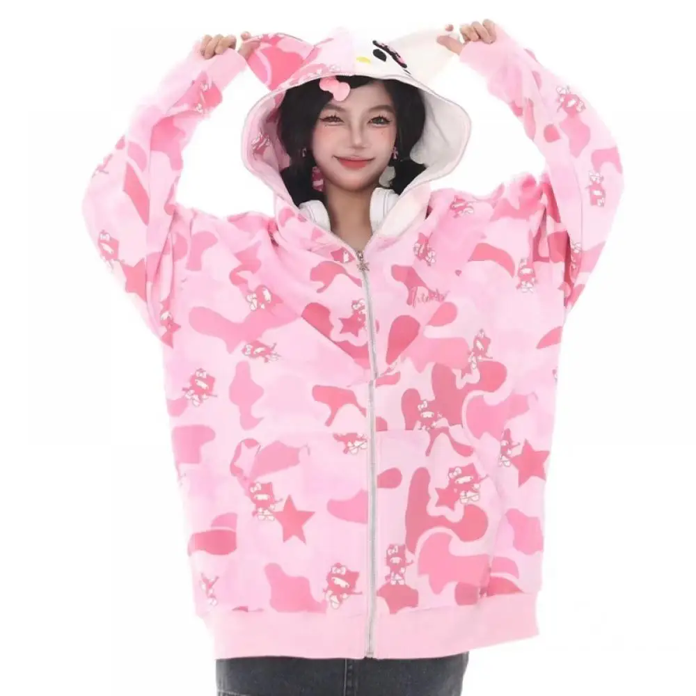 

Anime Spring Y2K Hello Kitty Hoodie Hooded Sanrioed Couple Outfit Cotton Cute Cardigan Jacket Camouflage Coat Men Women Student