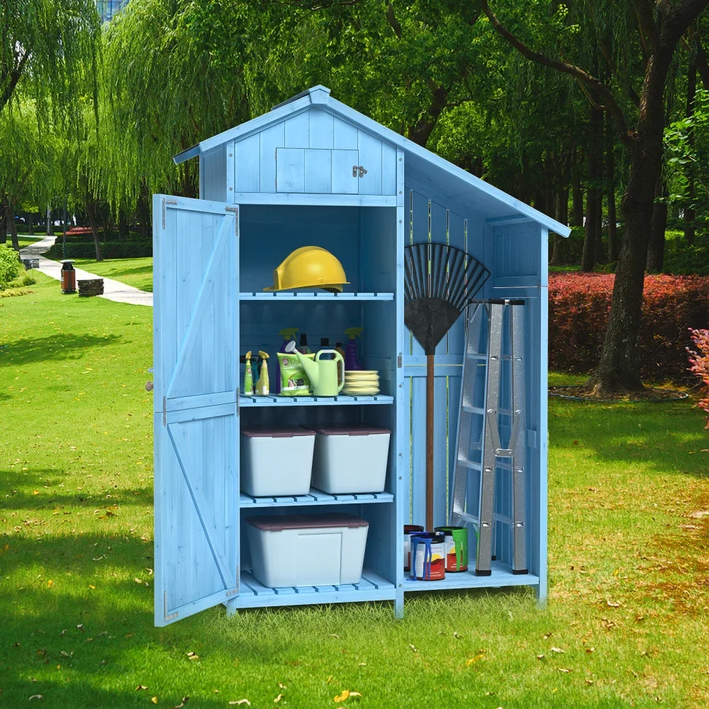 

Outdoor Wood Storage Shed, Garden Tool Cabinet with Waterproof Asphalt Roof, Multiple-tier Shelves, Tiffany Blue Sheds Storage