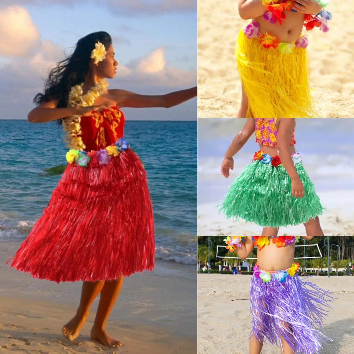 Faldas de hierba de flores de fibras para adultos y niños, trajes hawaianos amarillos, rojos y verdes, vestido de baile, suministros de fiesta de playa de verano, 5 piezas por juego