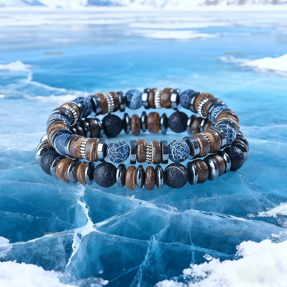 2pc Men's Natural Stone Bead Bracelet Set, Handmade Retro Style