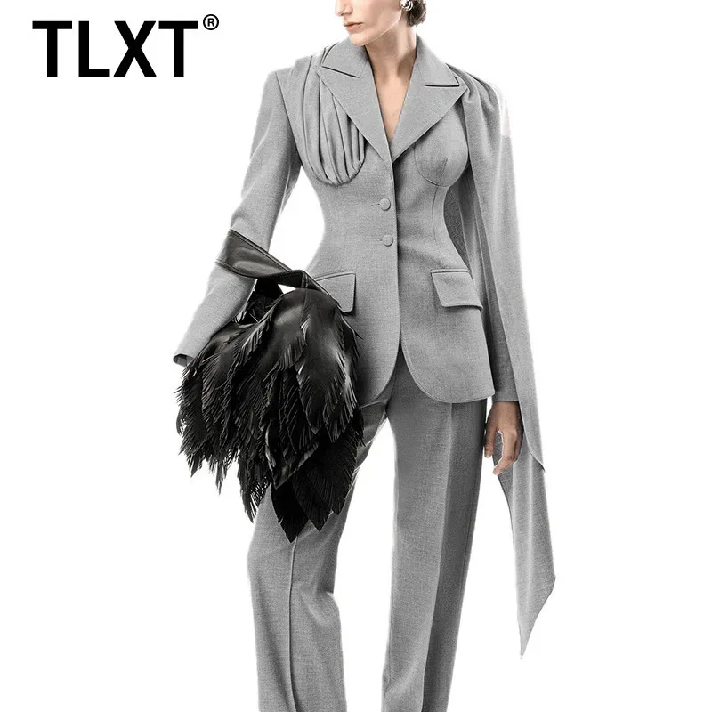 

TLXT модный женский серый приталенный пиджак с асимметричными лацканами, стильная и уникальная офисная верхняя одежда с длинными рукавами, новинка осени 2023 г.