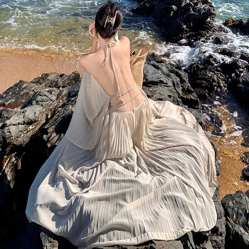 Sexy Backless Long Dress Summer Beach Vacation Maxi Dress Evening Dress Matching Set