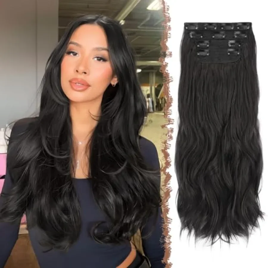 

Clip in Hair Extensions for Women - 4 Pcs Thick Double Weft Long Wavy Soft Synthetic Blends Well Hair Extension, 20 inch Natura