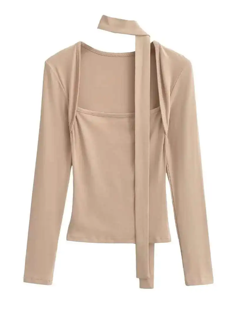 2024 Autunno/inverno New Sexy Spicy Girl Sciarpa a maniche lunghe Lace Up Pullover Vita stretta da donna Tinta unita Slim Top 16VJ