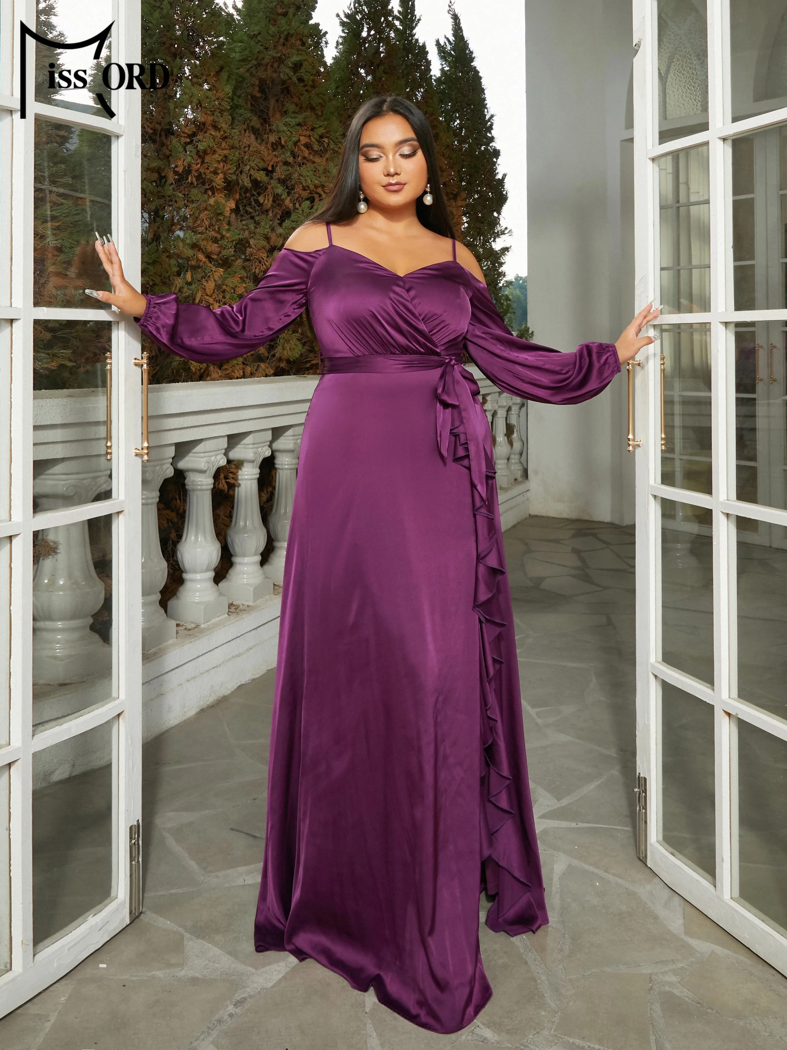 Missord Plus Size New Elegant Beautiful Women\'s Dress Purple Off Shoulder Split Evening Wedding Birthday Party Dress