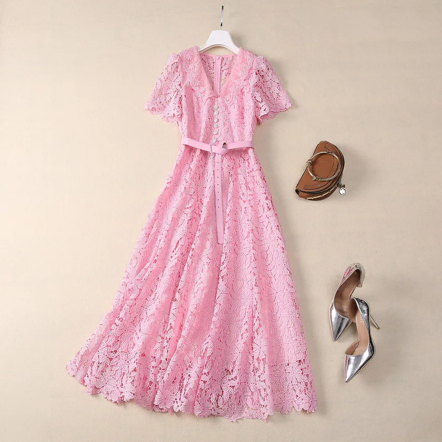 

European and American women's clothing new summer V-neck Short sleeve pink hollowed-out hook flower fashion Pleated dress belt