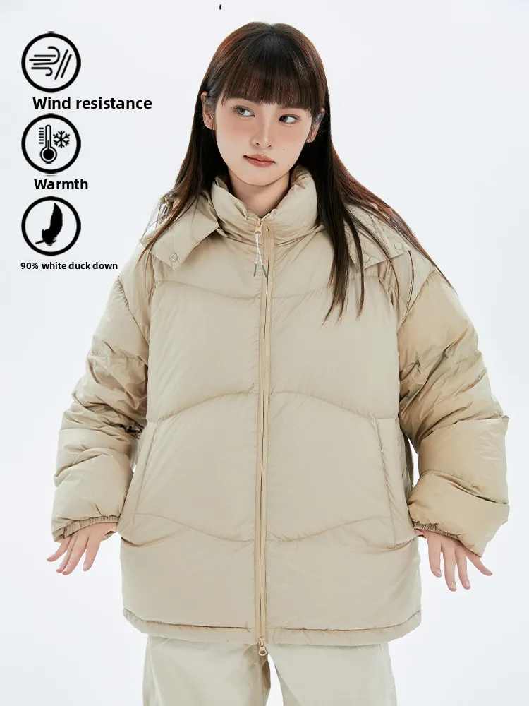 

ENHM Mountain Series, легкие портативные пуховые туфли для улицы, женские и мужские зимние 90, однотонные свободные лохи с капюшоном и перьями...