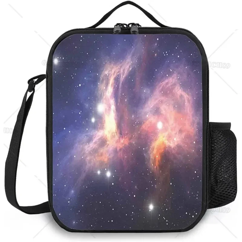 Lancheira isolada com alça de bolso para homens e mulheres, bolsa durável e reutilizável, céu noturno estrelado, espaço galáctico rosa e azul