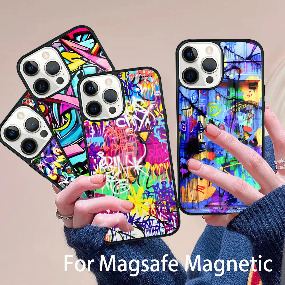 

Ins Colorful Graffiti Rainbow Phone Case Magesafe Magnetic Wireless Charge Cover For IPhone 16 11 12 13 14 15 Pro Max Plus Mini