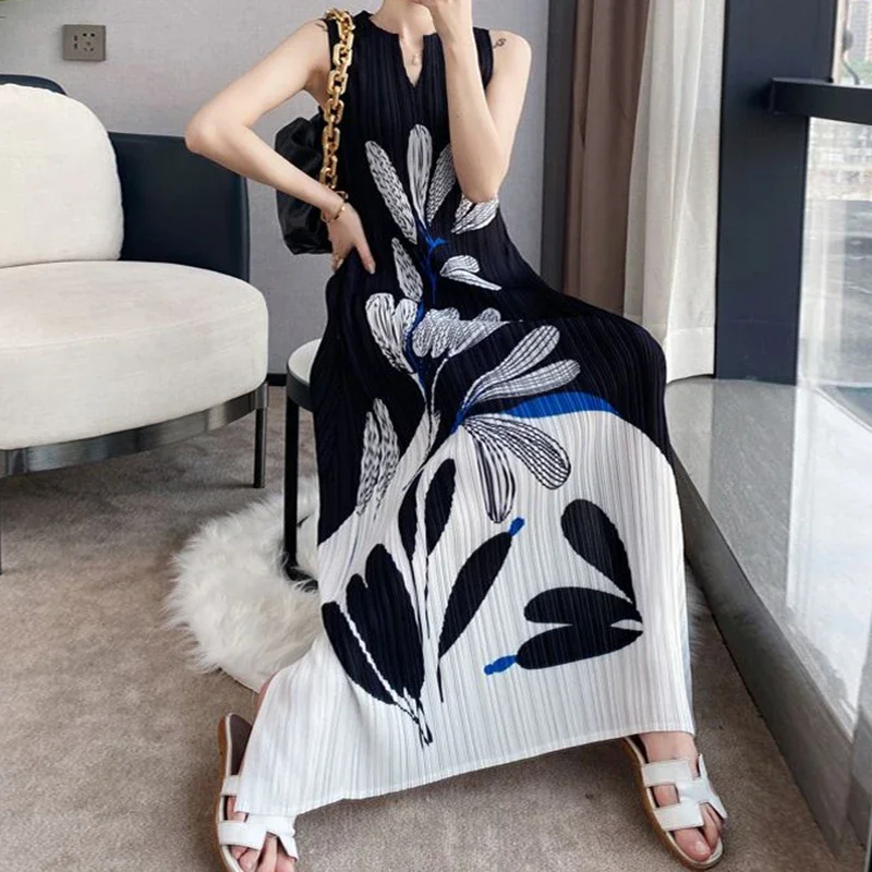 فساتين طويلة بدون أكمام مطبوعة بالحبر مطوي فستان طويل لصيف 2025 فستان نحيف جديد فستان طويل من فيستدوس دي فييستا