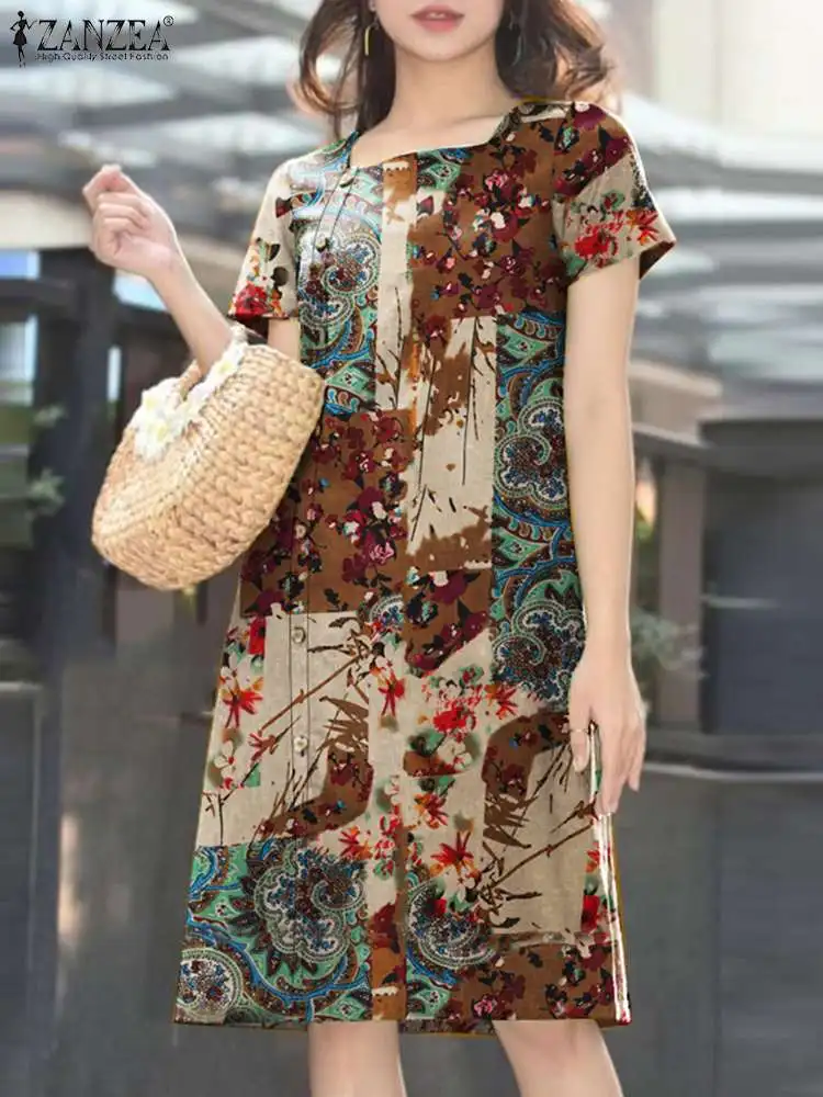 

2024 ZANZEA Summer Vintage Square Neck Short Sleeve Dress Bohemian Floral Printed Knee-length Sundress Female Work Party Vestido