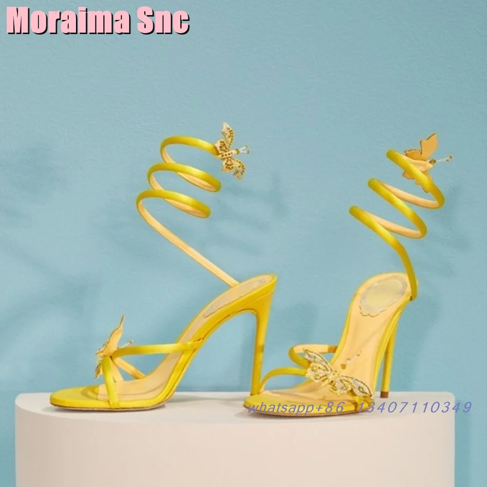 Fashion Butterfly Crystal Wrapped Sandals Stiletto High Heel Yellow Solid Sexy Women's Summer Shoes Runway Banquet Party 2024