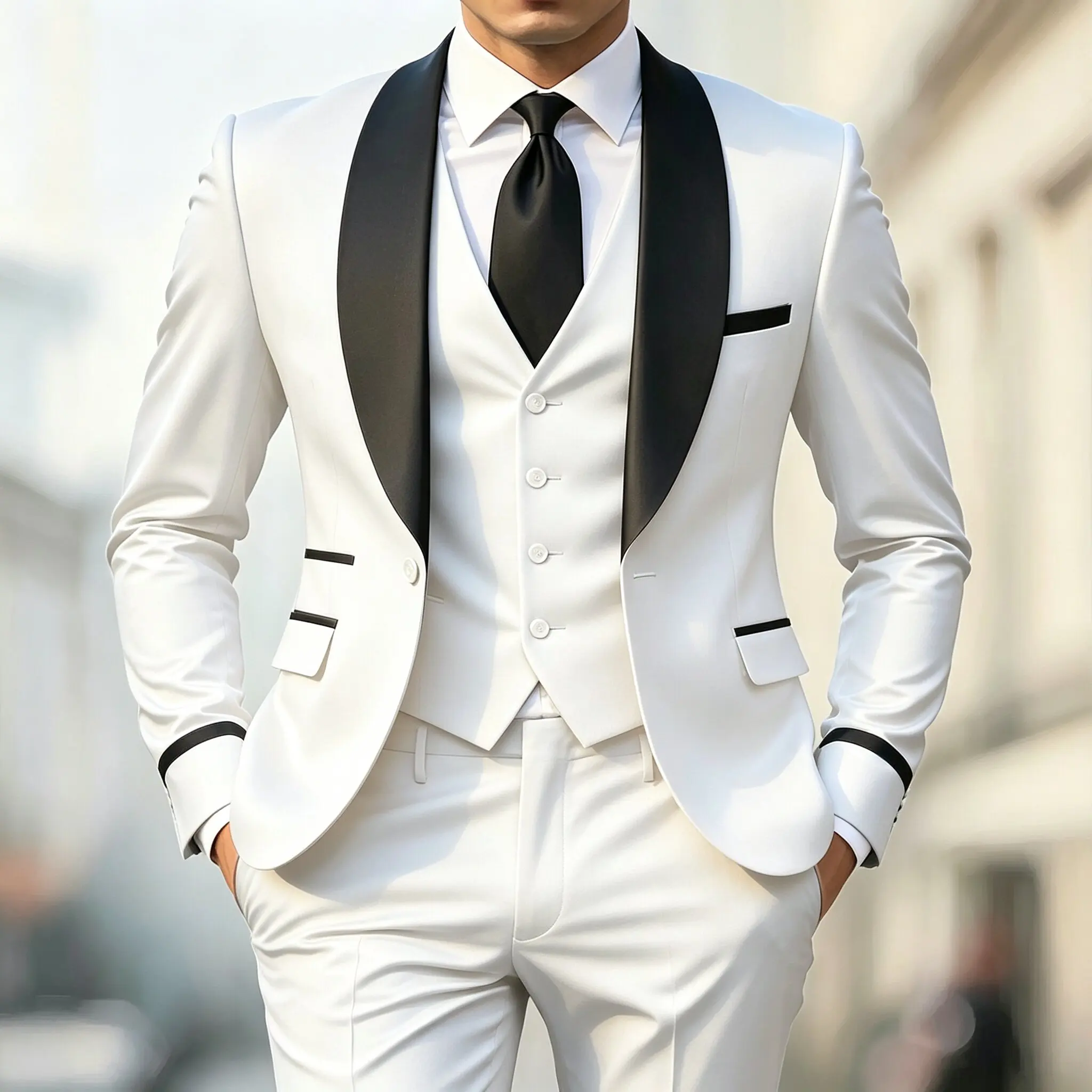 Herren Herbst Hochzeitsanzug Dreiteiliges Set Große Größe Herren Blazer Mantel Hose und Weste Modischer Slim Fit Anzug – Detail 11
