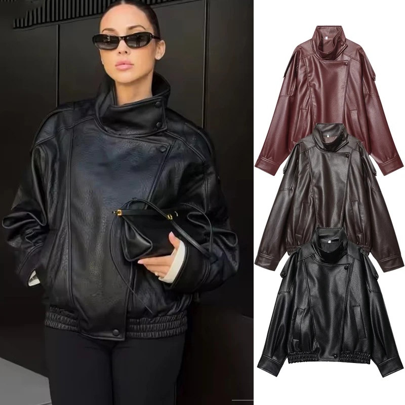 

Women Leather Jacket 2025 Autumn Winter New Fashion Solid Color Long Sleeve Zipper Coat Female Chic Leisure Loose Outerwear