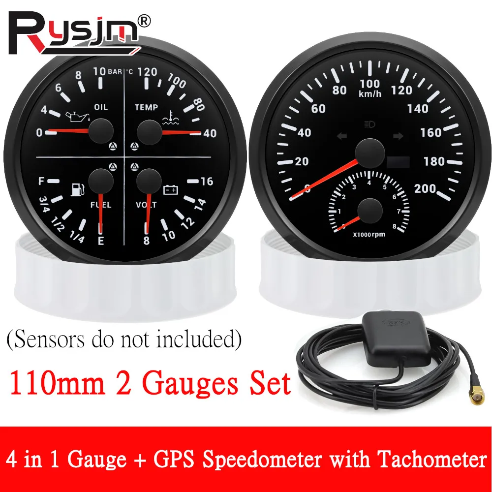 110mm 2 Gauge Set 4 in 1 Oil Pressure Water Temp Fuel Level Voltmeter Gauge + 200km/h GPS Speedometer with 8000RPM Tachometer