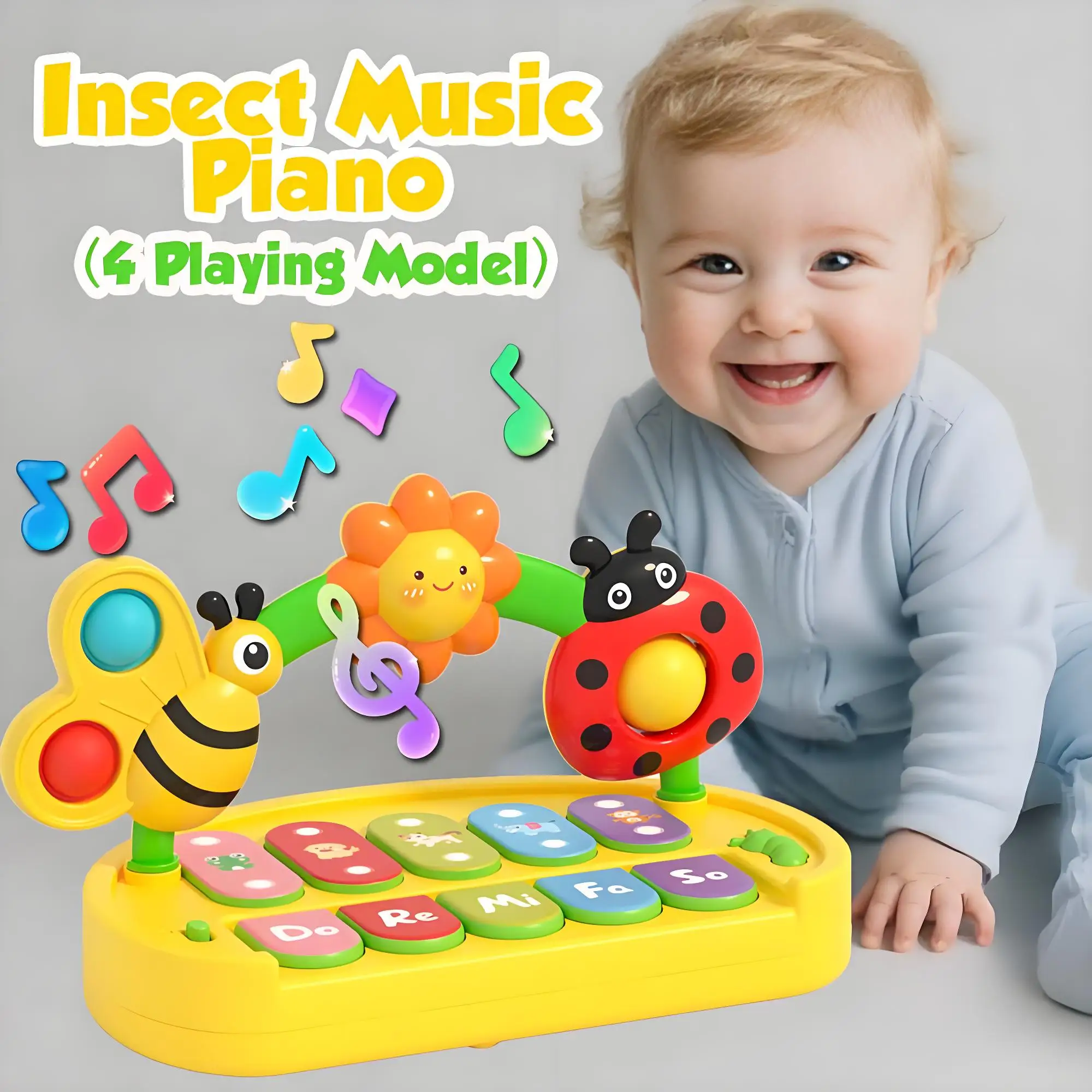 

Детское пианино-игрушка для детей от 6 до 12 месяцев, клавиатура-пианино в виде насекомого со светом и музыкой, 4 режима, музыкальные игрушки для малышей 1-3 лет (без батареек)