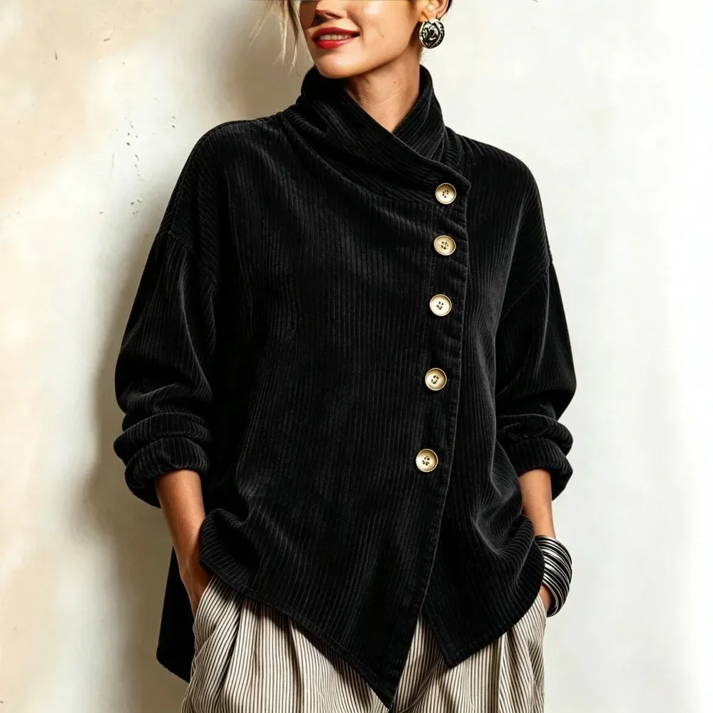 Retro French Relaxed Corduroy Jacket Women Stacked Collar Loose Fit High Neck Top 2026