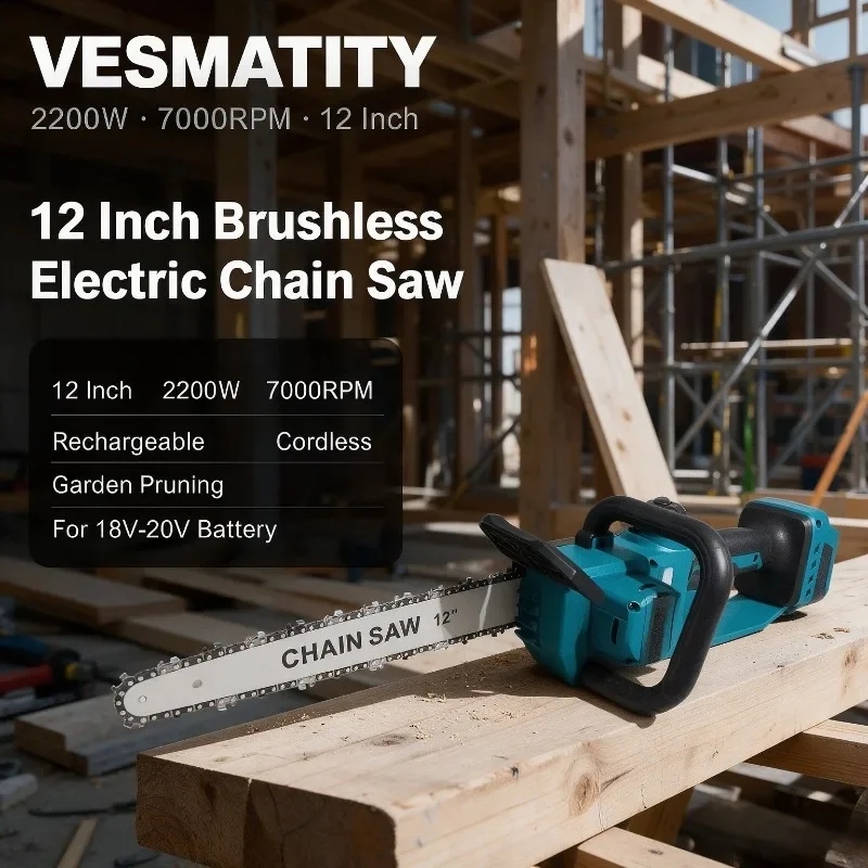 12 Inch Brushless Electric Chain Saw 2200W 7000RPM Rechargeable Cordless Garden Pruning Portable Chainsaw for 18V-20V Battery