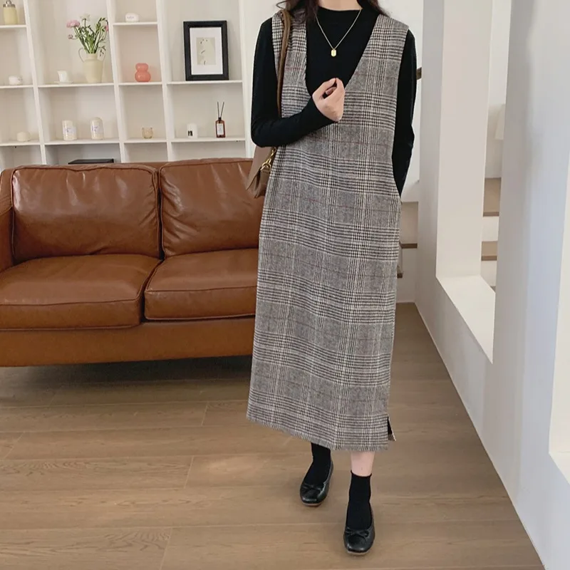 Chic Herbst Winter frauen Dr V-Ne Lose Dünne Gerade Beiläufige Lange Plaid Woolen Weste Langen Rock Ci pendeln Sle H-ape