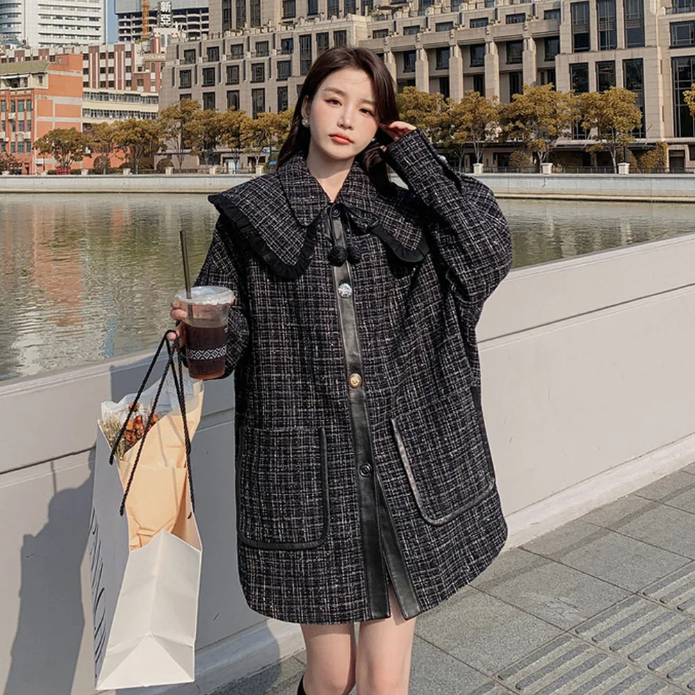 Casual Black Woolen Blends Coat Women Winter Korean Fashion Trend Outwear Female 2024 New Vintage Plaid Faux Wool Jacket Ladies