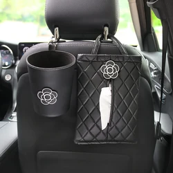 Creative Camellia Flower Leather Car Tissue Paper Towel Bag Auto Back Seat Headrest Hanging Trash Bin Can Women Car Accessories