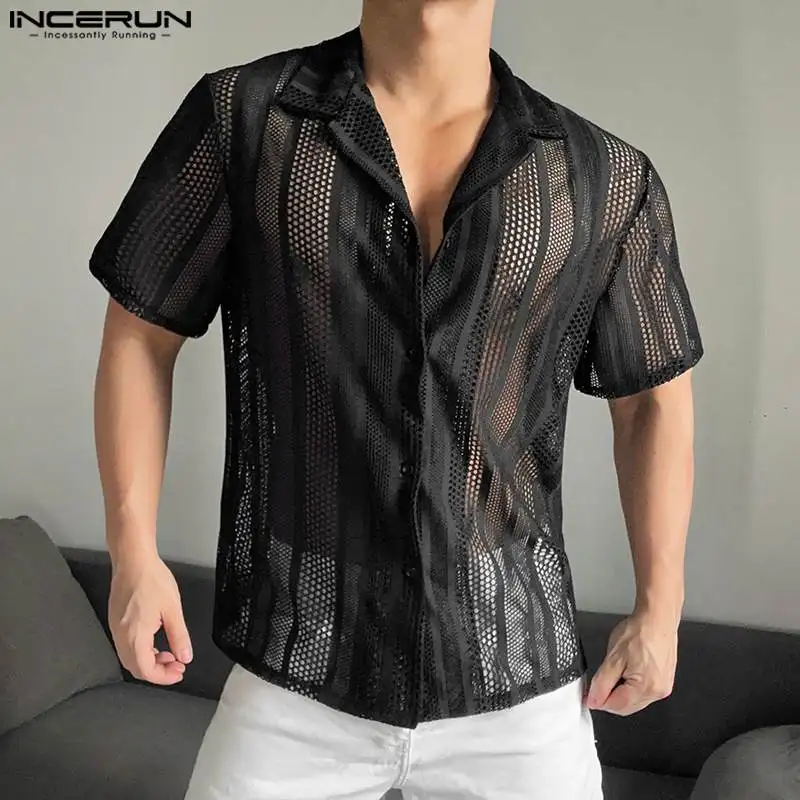 2024 Men\'s Shirt Mesh Transparent Lapel Short Sleeve Summer Men Clothing Streetwear Hollow Out Fashion Casual Camisas INCERUN