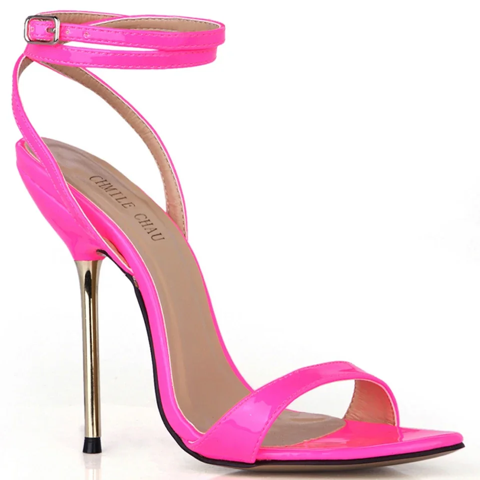 

High Heel Sandal Stiletto Women Sandal Sexy Evening Bridals Dress Party Heeled Sandal Ankle Strap Pink Patent Lady Shoe 3845-i