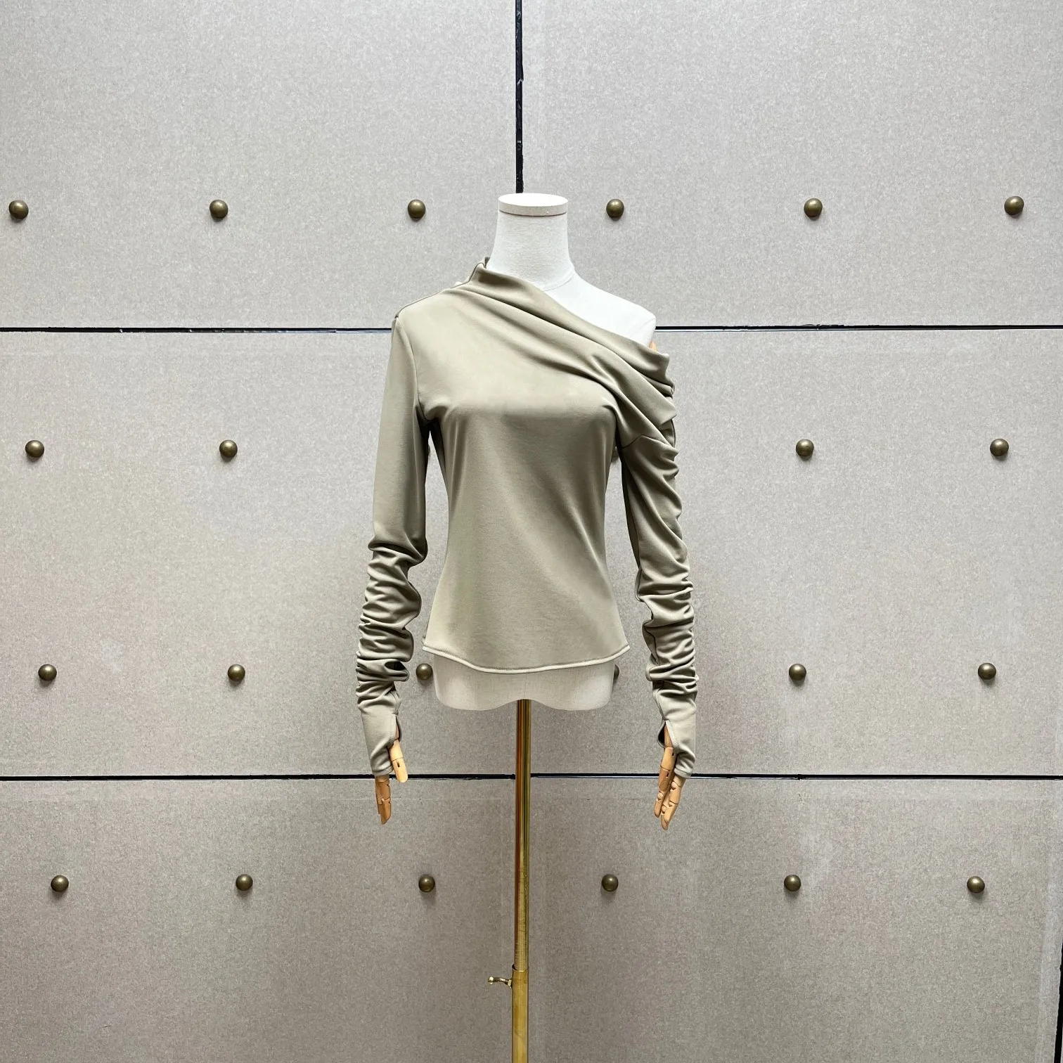 2026 Asymmetric One-Shoulder Ruched Top – Elegant Off-Shoulder Long Sleeve Blouse in Black & Sage Green