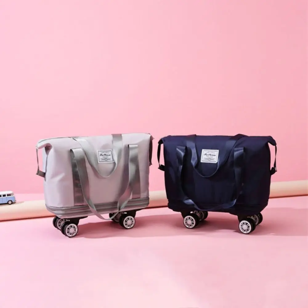 Oxford Cloth Gym Bag with Wheels Dry-Wet Separation Sport Collapsible Travel Tote Bag Expandable Portable Luggage Storage Bag