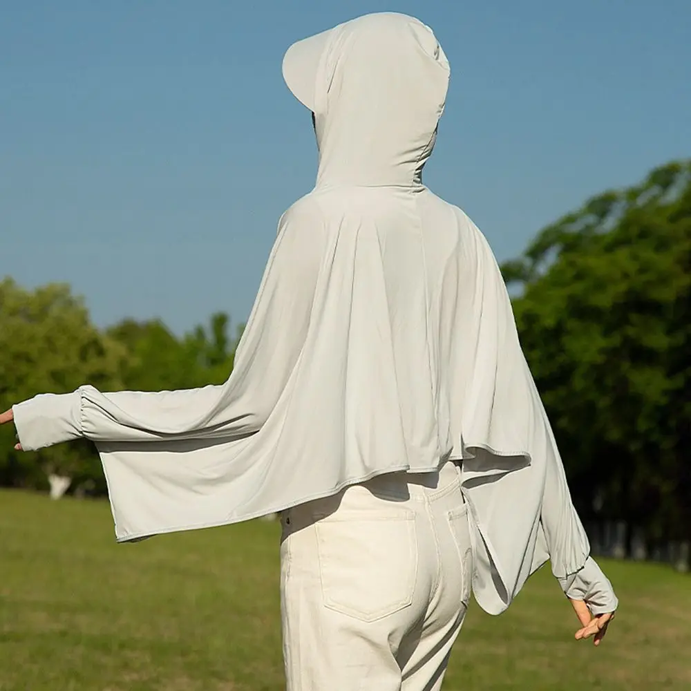 Fashion Ice Silk Sunscreen Shawl Long Sleeve Quick Drying Driving Short Cloak Breathable Anti-UV Sunscreen Hoodie for Women